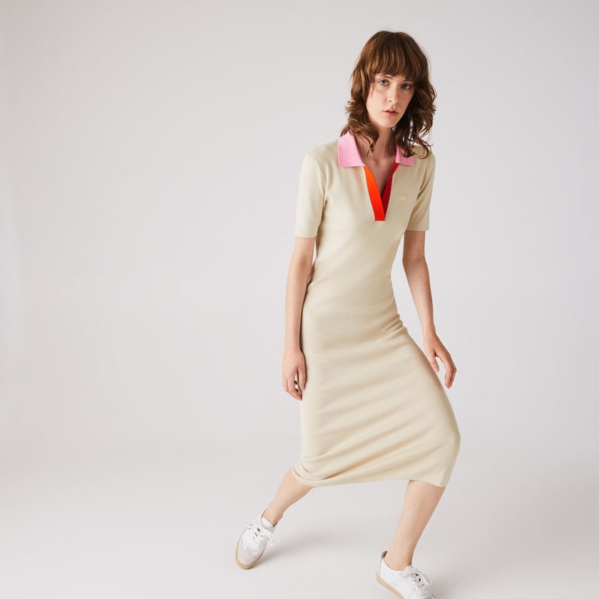 Vestido Bege Rosa Vermelhas Feminino Lacoste Polo Collar Two-Tone Cotton Knit Long Sweater PR1-21942D3