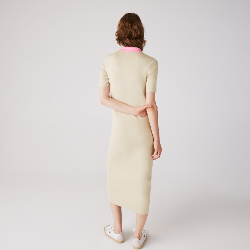 Vestido Bege Rosa Vermelhas Feminino Lacoste Polo Collar Two-Tone Cotton Knit Long Sweater PR1-21942D3