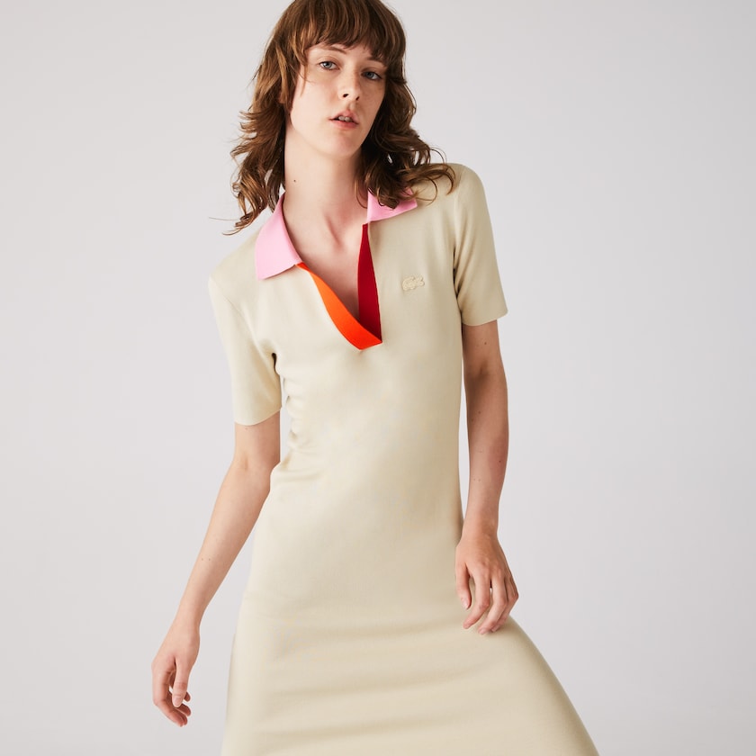 Vestido Bege Rosa Vermelhas Feminino Lacoste Polo Collar Two-Tone Cotton Knit Long Sweater PR1-21942D3