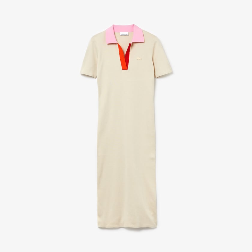 Vestido Bege Rosa Vermelhas Feminino Lacoste Polo Collar Two-Tone Cotton Knit Long Sweater PR1-21942D3