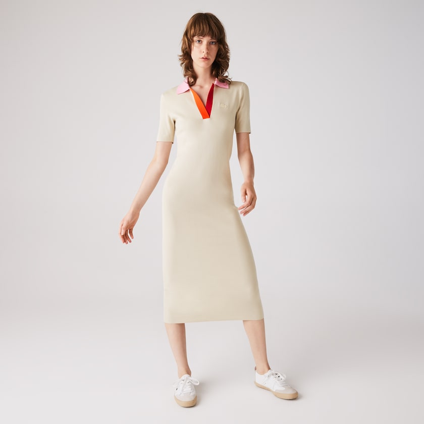 Vestido Bege Rosa Vermelhas Feminino Lacoste Polo Collar Two-Tone Cotton Knit Long Sweater PR1-21942D3